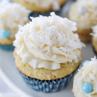 Close up of a Coconut Cupcake for Easter Cupcake Round up.