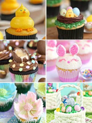 6 photo collage of Easter Cupcakes for the Easter Cupcake round up.