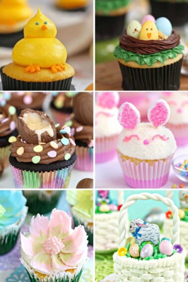 6 photo collage of Easter Cupcakes for the Easter Cupcake round up.