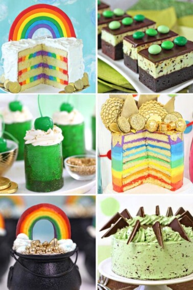 Six photo collage with rainbow and green desserts for St. Patrick's Day for round up.