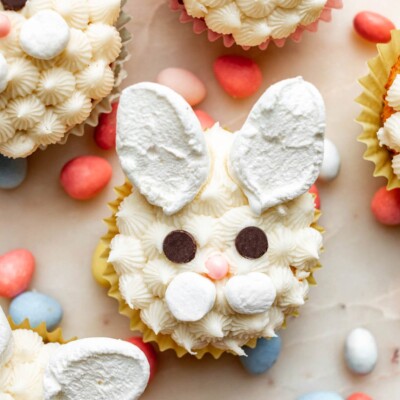 Close up of Easter Bunny Cupcake for Easter Cupcake Round up.