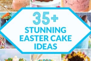 Photo collage featuring 12 cute Easter Cakes with text overlay for Pinterest.