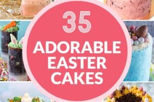 Photo collage featuring 14 cute Easter Cakes with text overlay for Pinterest.