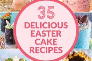 Photo collage featuring 14 cute Easter Cakes with text overlay for Pinterest.