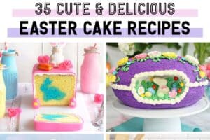 Photo collage featuring 6 cute Easter Cakes with text overlay for vertical image of round up.
