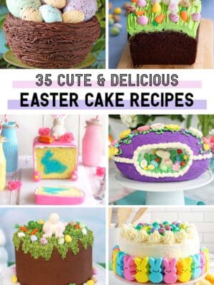 Photo collage featuring 6 cute Easter Cakes with text overlay for vertical image.