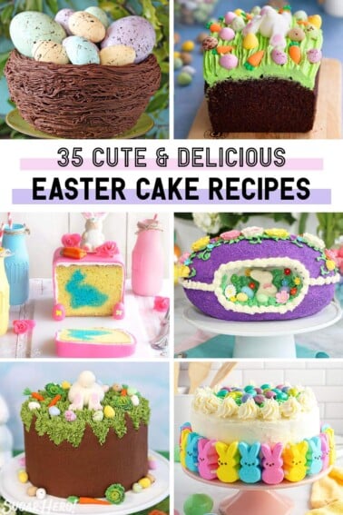 Photo collage featuring 6 cute Easter Cakes with text overlay for vertical image of round up.