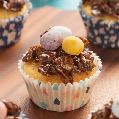 Close up of a Easter Cornflake Nest Cupcake for Easter Cupcake Round up.