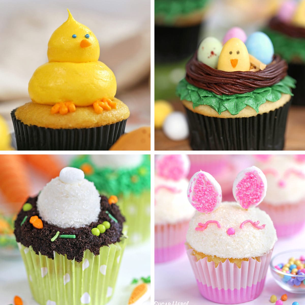 4 photo collage of Easter Cupcake Recipes, Ideas, and Pictures for round up.