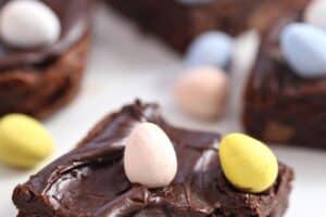 Photo of Easter Egg Brownies with text overlay for Pinterest.
