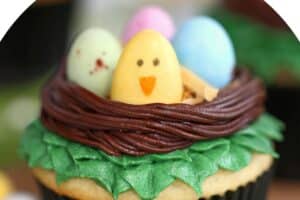 Photo of Easter Bird's Nest Cupcakes with text overlay for Pinterest.