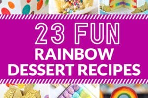 Twelve-photo collage of various rainbow desserts with text overlay for Pinterest.