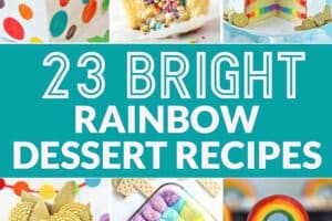 Twelve-photo collage of various rainbow desserts with text overlay for Pinterest.