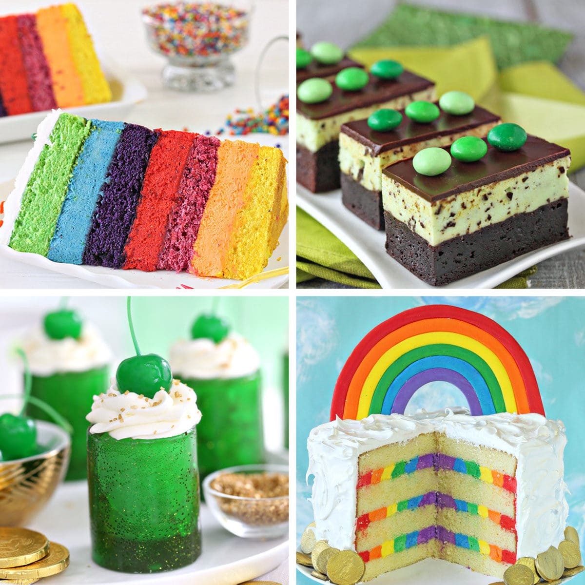 Four photo collage with rainbow and green desserts for St. Patrick's Day, with text overlay.
