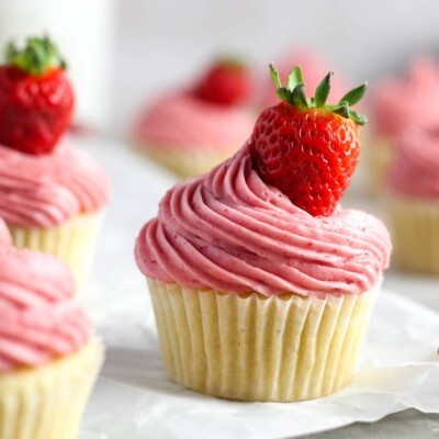 Close up of a single Strawberry Cupcake for Easter Cupcake Round up.