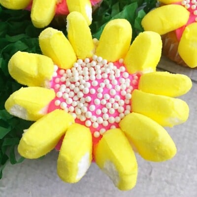 Close up of a Sunflower Cupcake for Easter Cupcake Round up.