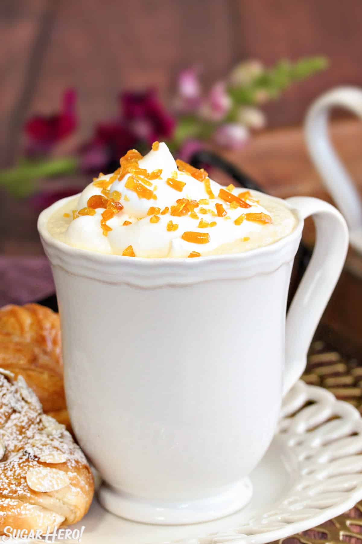 Close up of a mug of Crème Brulee White Hot Chocolate.