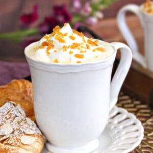 Close up of a mug of Crème Brulee White Hot Chocolate.