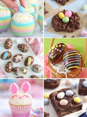 6 photo collage of assorted Easter desserts.