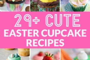 12 photo collage of different Easter cupcakes, with text overlay for Pinterest.