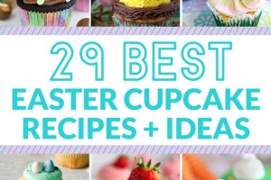12 photo collage of different Easter cupcakes, with text overlay for Pinterest.