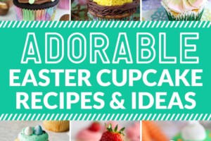 12 photo collage of different Easter cupcakes, with text overlay for Pinterest.