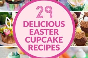 14 photo collage of different Easter cupcakes, with text overlay for Pinterest.