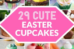 14 photo collage of different Easter cupcakes, with text overlay for Pinterest.