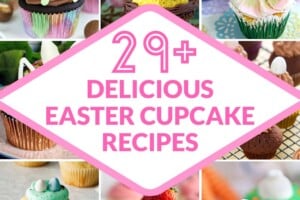 14 photo collage of different Easter cupcakes, with text overlay for Pinterest.