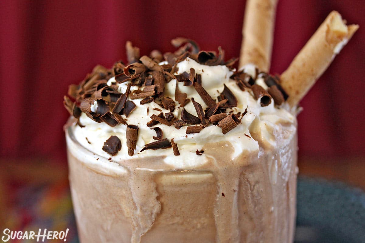 Frozen Hot Chocolate | SugarHero.com Close up of the top of a glass of Frozen Hot Chocolate.