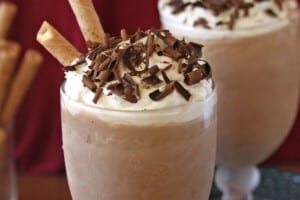 Photo of Frozen Hot Chocolate with text overlay for Pinterest.