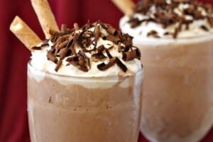Photo of Frozen Hot Chocolate with text overlay for Pinterest.