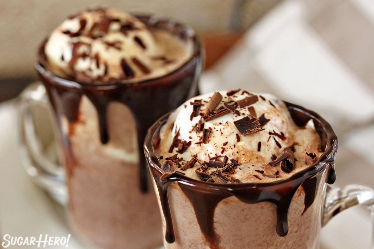 Hot Chocolate Floats | SugarHero.com Close up of the top of 2 Hot Chocolate Floats.