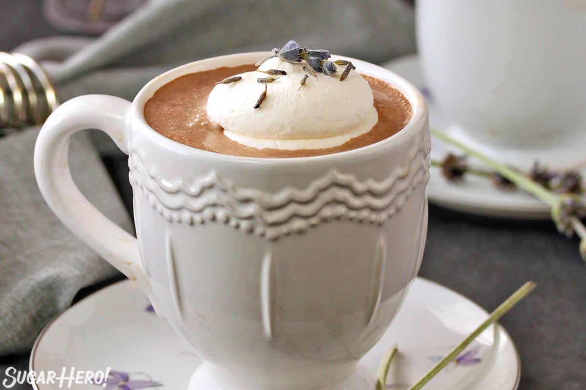 Close up of a white mug of Lavender Hot Chocolate.
