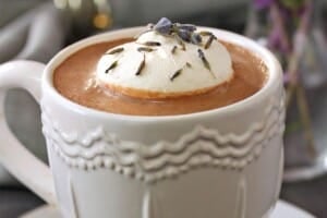 Photo of Lavender Hot Chocolate with text overlay for Pinterest.
