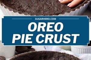 2 photo collage of Oreo Pie Crust with text overlay for Pinterest.