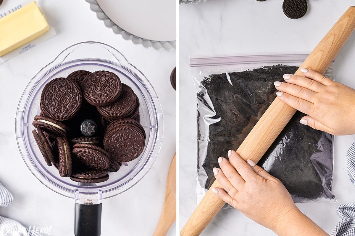 2 photo process collage of crushing Oreos in a food processor and/or using a rolling pin to crush them in a bag.