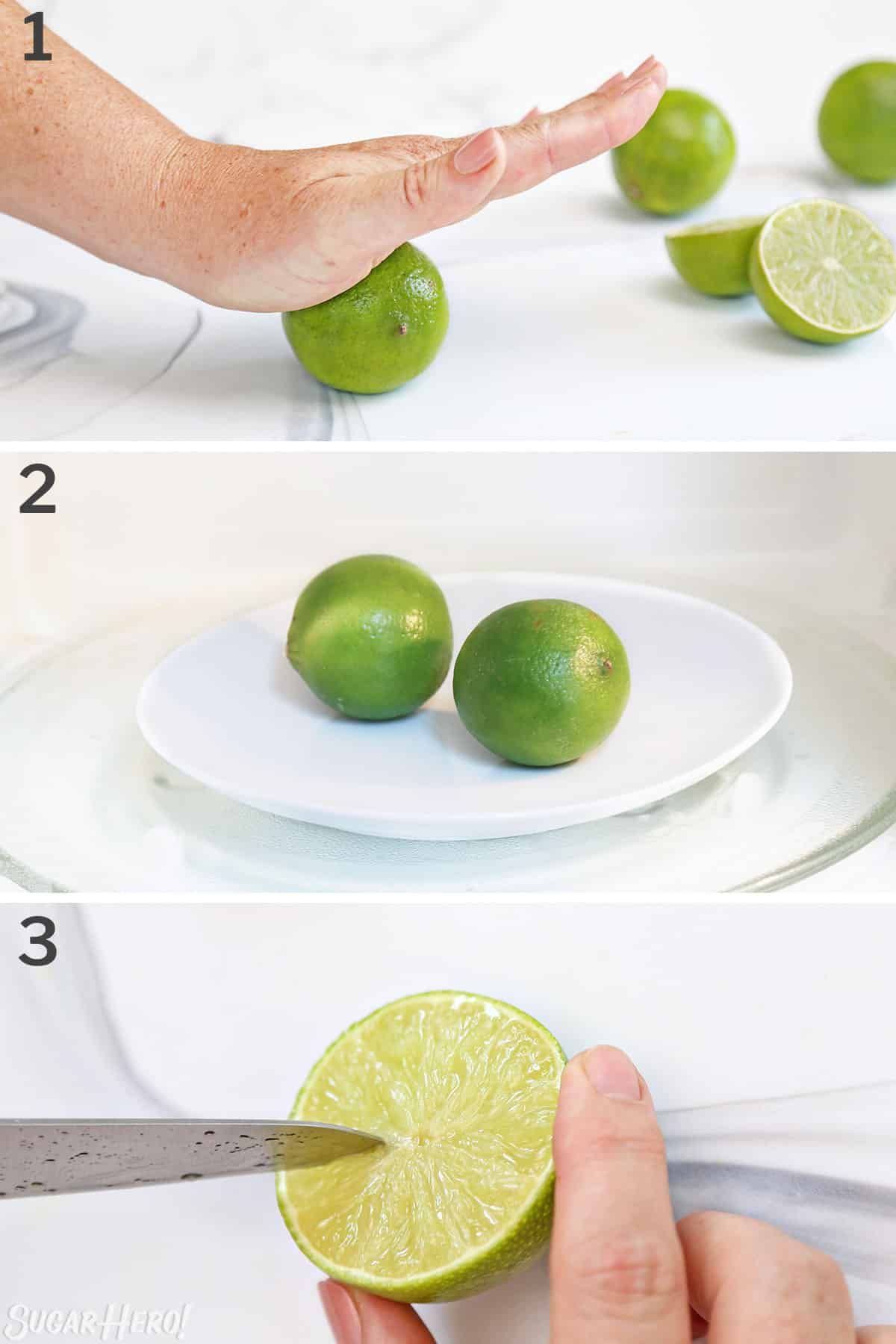 Three photo collage showing how to prepare limes for juicing.
