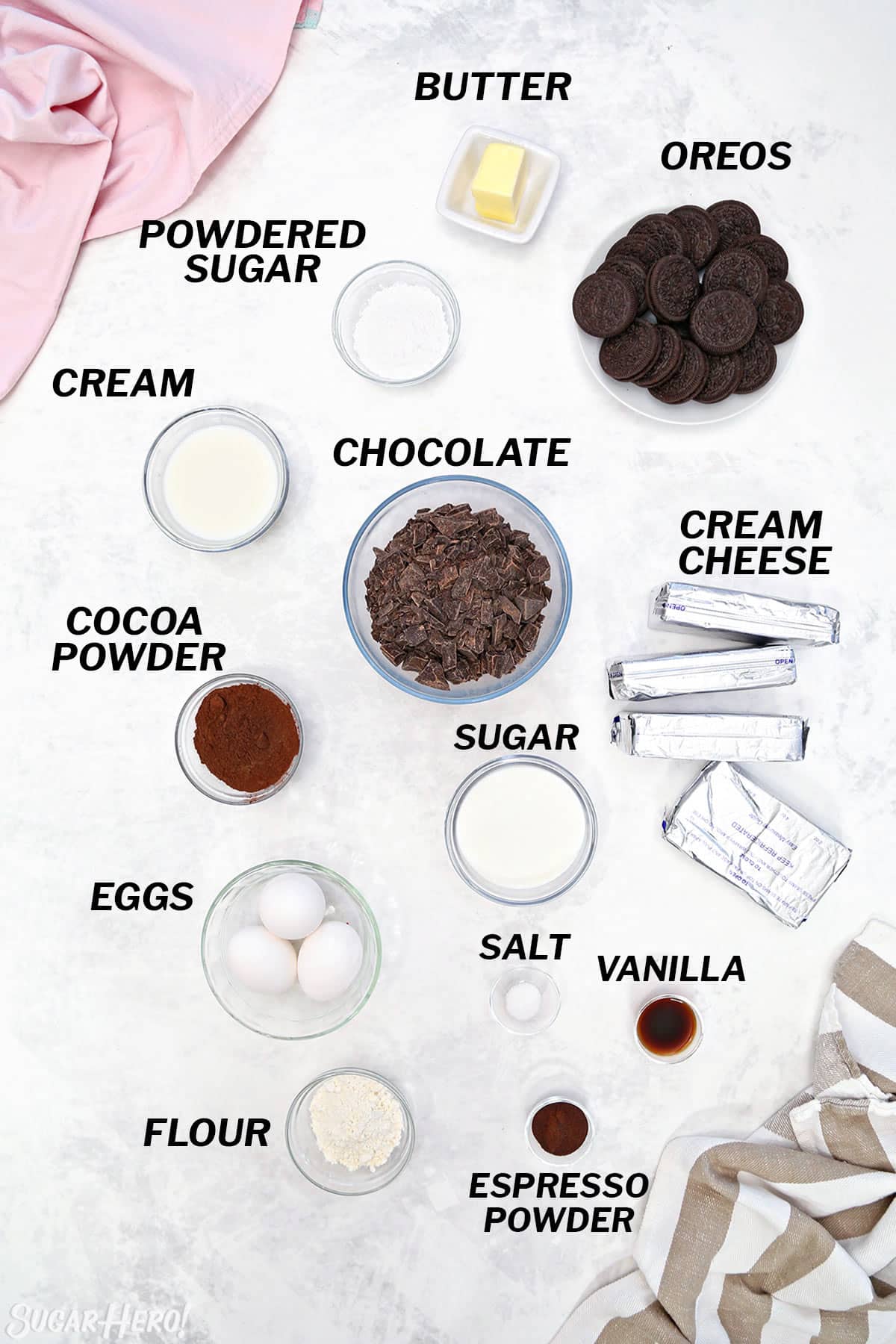 Ingredients needed to make a Chocolate Cheesecake.