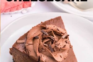 Photo of Chocolate Cheesecake with text overlay for Pinterest.