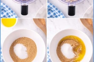 Six-photo collage showing how to make a graham cracker crust.
