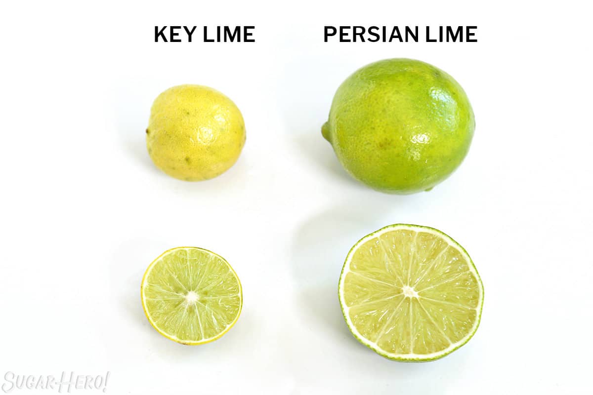 Photo comparing two different limes next to each other: a small yellow key lime on the left, and a larger green Persian lime on the right.