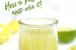 Photo of a jar of key lime juice, with text overlay for Pinterest.