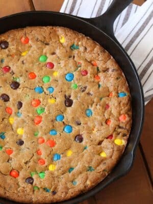 Close up of a whole M&M Skillet Cookie.