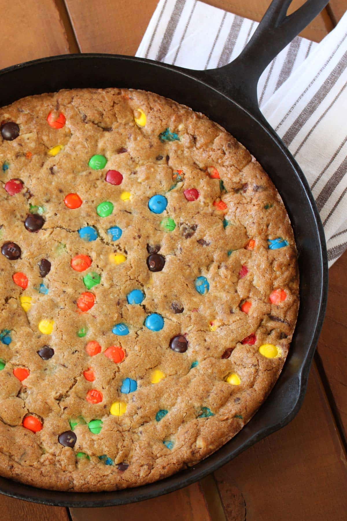 browned butter, m&m chocolate chip skillet cookie