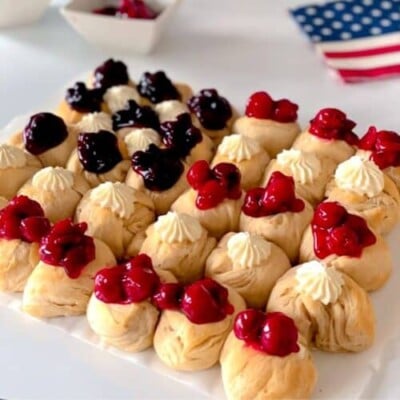American Flag Cheesecake Biscuit Bomb Pull-Apart for the 4th of July Dessert Recipes and Ideas Round Up.