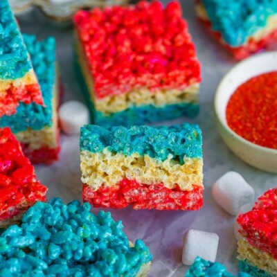 Red, White and Blue Rice Krispie Treats for the 4th of July Dessert Recipes and Ideas Round Up.