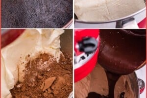 Six photo collage showing the process of making a chocolate cheesecake.