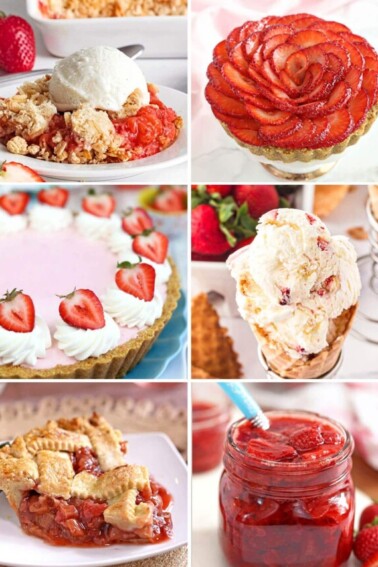 6 picture collage of strawberry dessert recipes.