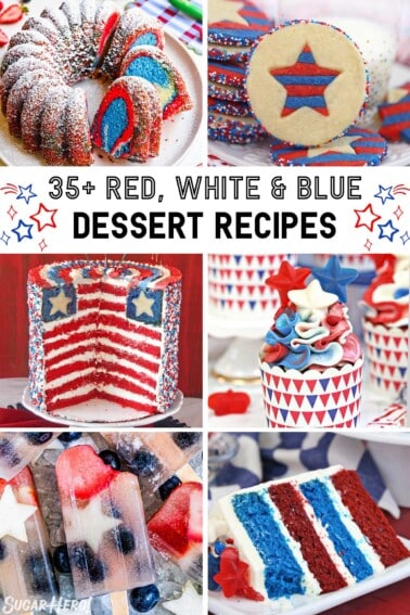 Collage of six 4th of July dessert recipes with text overlay for Pinterest.